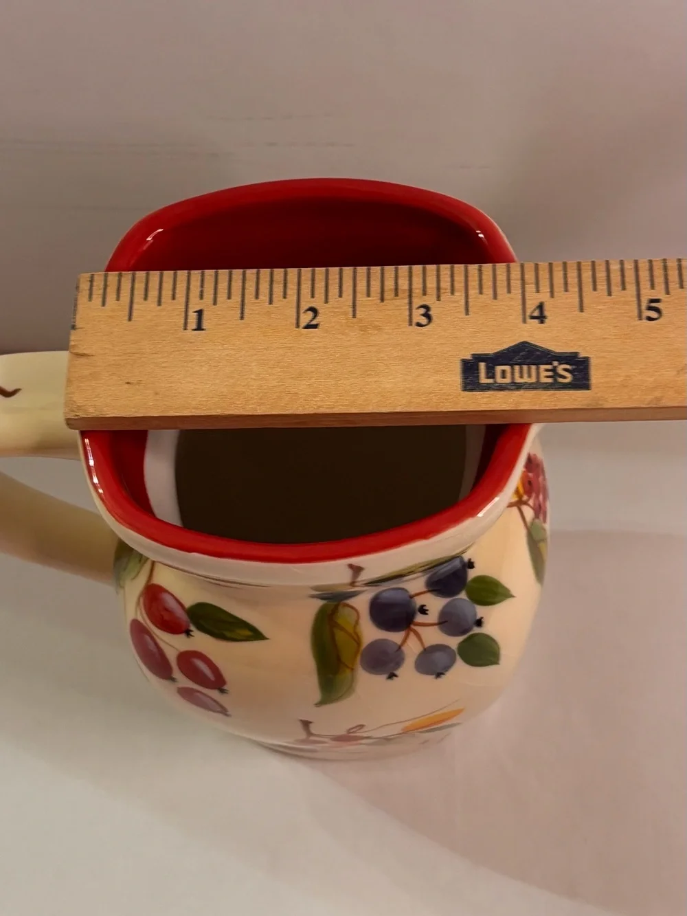 Hand-Painted Ceramic Fruit Pitcher - Cream Exterior with Red Interior - Picture 10 of 10